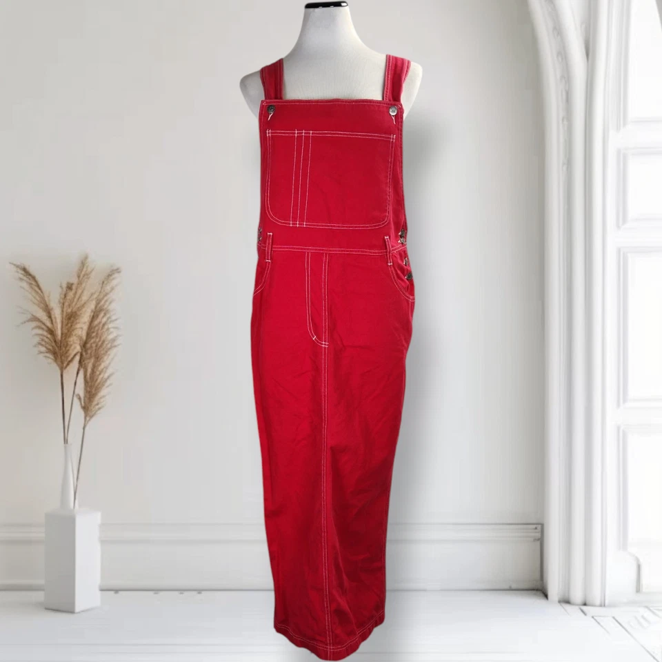 Maxi Vestido Jersey Vintage Años 90 Rojo Denim Talla M Grunge Revival Babero Foto 3 de 4
