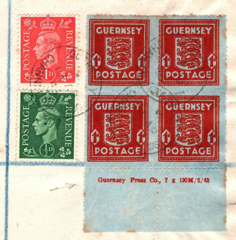 GB WW2 Channel Islands GUERNSEY Cover *Banknote Paper* 1d IMPRINT BLOCK{4} 81e - Image 4 of 4