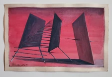 Orig Vintage Study Theater Stage Set Design Gouache on WC Paper 7"x11" Signed