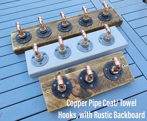 Copper Pipe Coat/ Towel Hooks, with Rustic Backboard (Horizontal, or Vertical) - Picture 1 of 13