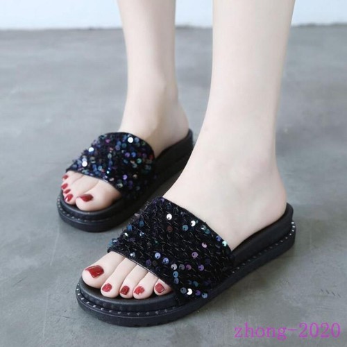 Fashion Women's Sequins Sandal Flats Open Toe Slides Slip On Slippers Summer SZ