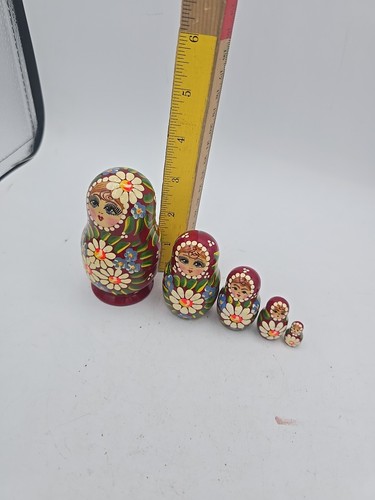 Vintage handbemalte 5 Stück russische verschachtelte Puppen rot Blumen signiert - Bild 8 von 9