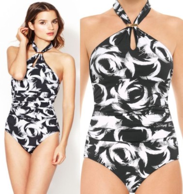 Spanx Decadent Decollete Vortex Print Halter One Piece Swimsuit 8 