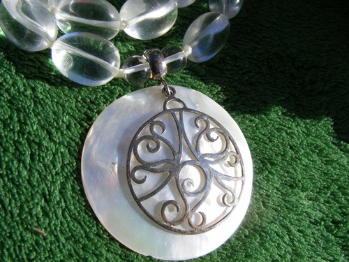 Clear Crystal Beaded 2 Strand LUC Necklace With Sterling And MOP Pendant, Signed - Picture 2 of 4