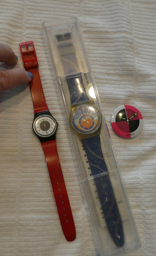 2 Vintage Swatch Watches - Chrono Tech, Azimut & Pin Back Button - Neo Quad
