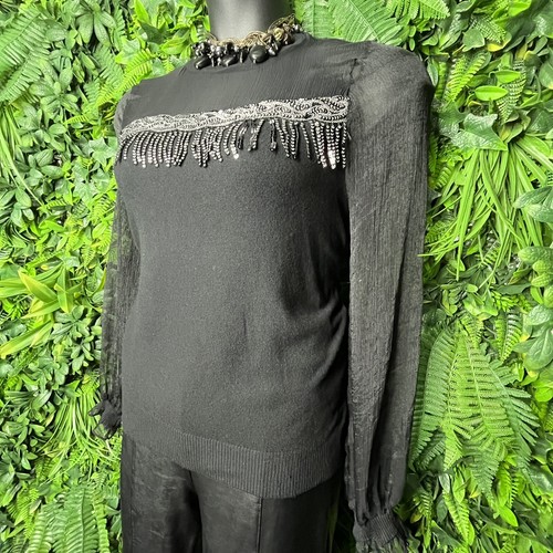ONTWELFTH Tops Women XL Black Sweater Blouse Sequins Accent Sheer Sleeve 0145 - Picture 7 of 13