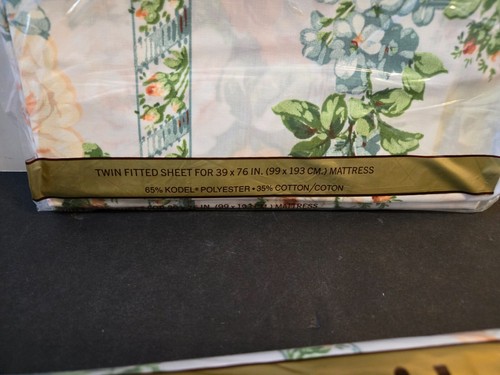 VTG Springmaid CHALLIS ROSE Orange Green TWIN Fitted Flat Sheet Set - Picture 3 of 4