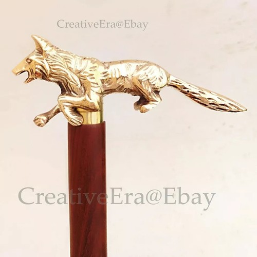Solid Brass Walking Stick fox head handle vintage brown wooden handmade Cane New - Picture 5 of 5