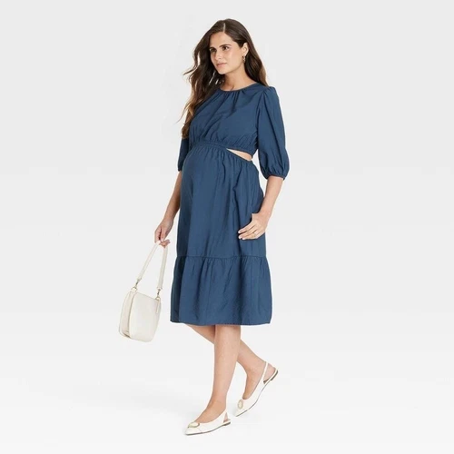 Isabel Maternity Dress Cutout Tiered Puff Sleeve Size M Casual Comfort NWT