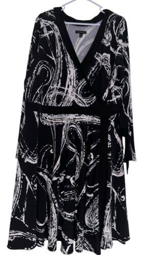 Lane Bryant Womens Faux Wrap Surplice Dress Sz 22/24 Black White Abstract