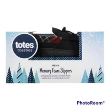 Totes Men's Faux Suede Slippers Size LARGE 9-10 Black Memory Foam Loafers NEW