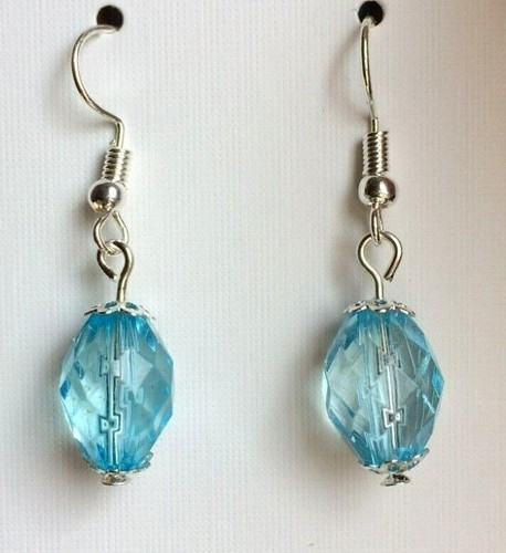Aqua Blue Coloured Faceted Oval Shaped Dangle / Drop Hook Earrings. - Picture 2 of 2