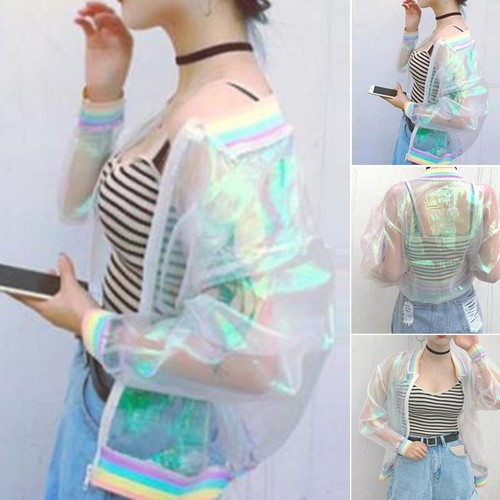 Chaqueta transparente holográfica de manga larga para mujer Abrigo iridiscente Cremallera transparente - Imagen 5 de 9