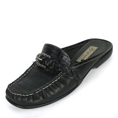 Brighton Womens Andie Mules Sz 7M Black Leather Croc Embossed Made in Italy - Picture 2 of 14