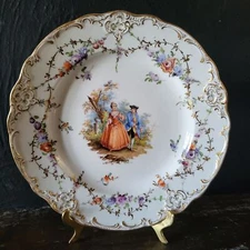 Antique Meissen Deep Plate Courting Couple Romantic Scene Floral Design 8.75"