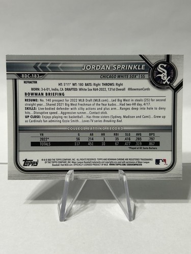 2022 Bowman Draft Chrome Base Refractor #BDC-183 Jordan Sprinkle - Picture 2 of 2