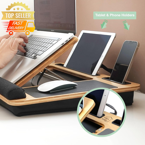 Bamboo Laptop Lap Desk Cushion Adjustable Stand w/ Handles Tablet Holder - Picture 6 of 12