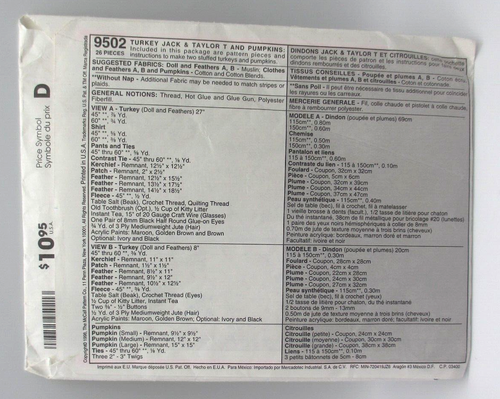 McCall's Crafts Pattern 9502 Turkey Jack &Taylor T & Pumpkins UNCUT 1998 - Picture 2 of 2