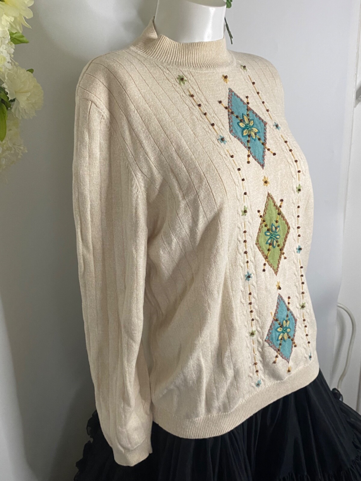 Alfred Dunner Ivory High Neck Cotton Sweater with Beads Applique Size XL Vintage
