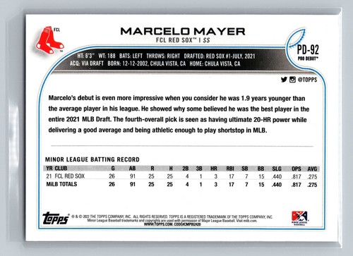 2022 Topps Pro Debut - Marcelo Mayer #PD-92 (RC) - Picture 2 of 2