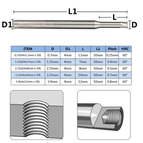VHM Gewindefräser Schaftfräser Gewindewirbler P0.25-P0.8 4mm-Schaft Spiralfräser - Bild 2 von 10