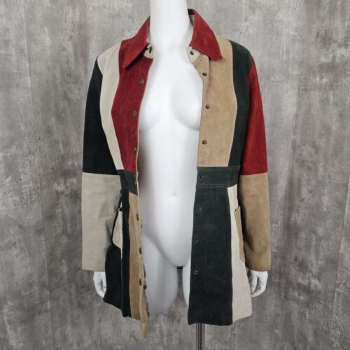 Cappotto vintage anni 90 fa 70 labbra taglia M patchwork pelle scamosciata snap davanti pea - Foto 15 di 20