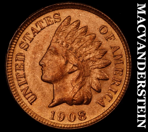 1908 Indian Head Cent- Red- Choice Gem Brilliant Unc++++ Luster No Reserve #J930
