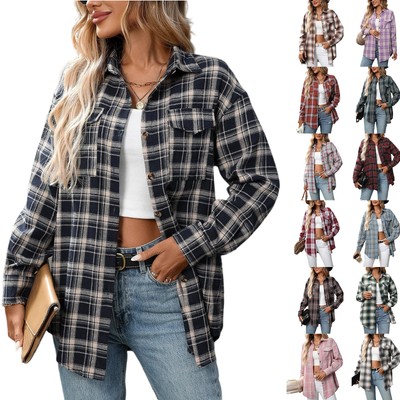 Oversized Frauen Flannel Plaid Button Down Shirt Roll Up Langärmelige Blusen