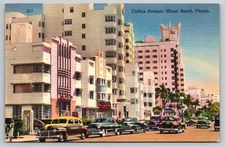 Vintage Collins Avenue Miami Beach Florida Art Deco Postcard Linen