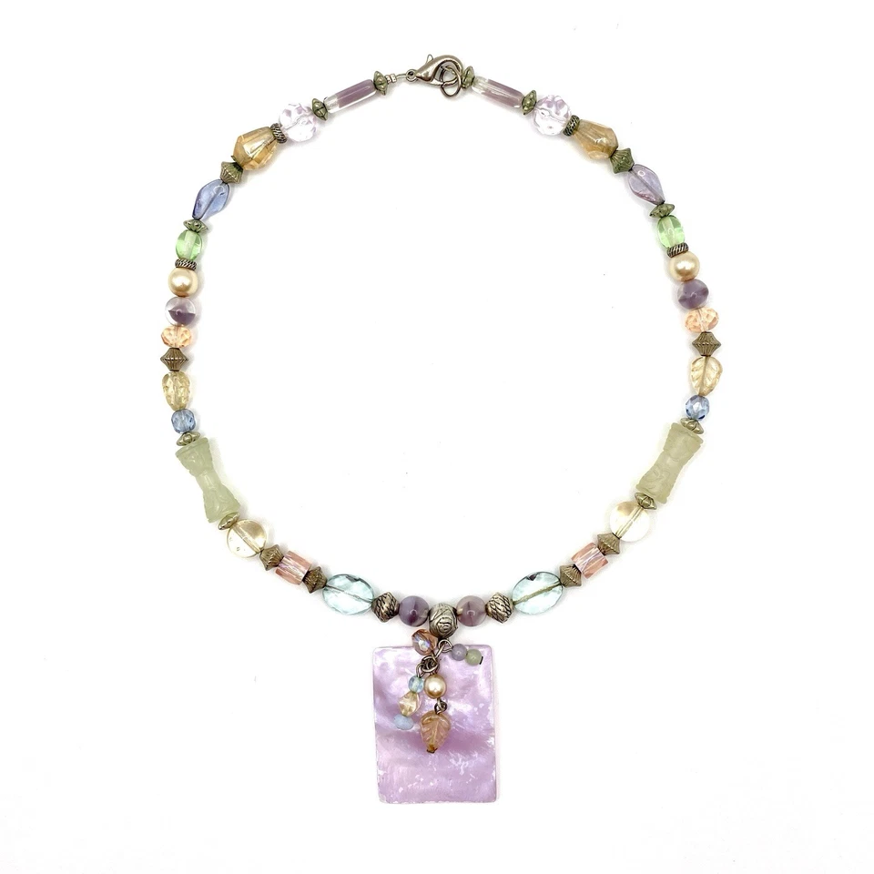 Vintage Pastel Carved Art Sea Glass Necklace Pendant Bubble Leaf Bead MOP - Image 3 of 4