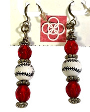 Handmade Baseball Drop Dangle Earrings  Red Faux Crystal Beads& White Ball Beads