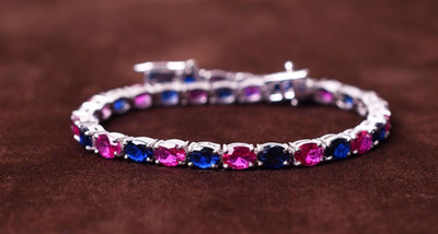 Ruby & Sapphire Tennis Bracelet 925Sterling Silver Handmade Gemstone JewelryGift