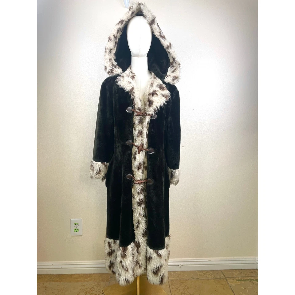 Vintage 70s Womans Coat Sz M Penny Lane Boho Long Hooded Faux Fur Hippie Parka - Image 4 of 4