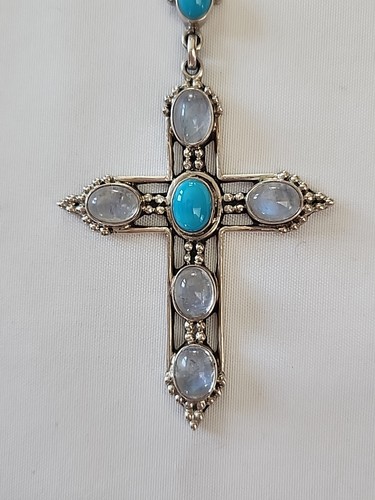 Nicky Butler 925 Sterling Silber Türkis & Mondstein großer Kreuz Anhänger (29) - Bild 2 von 12