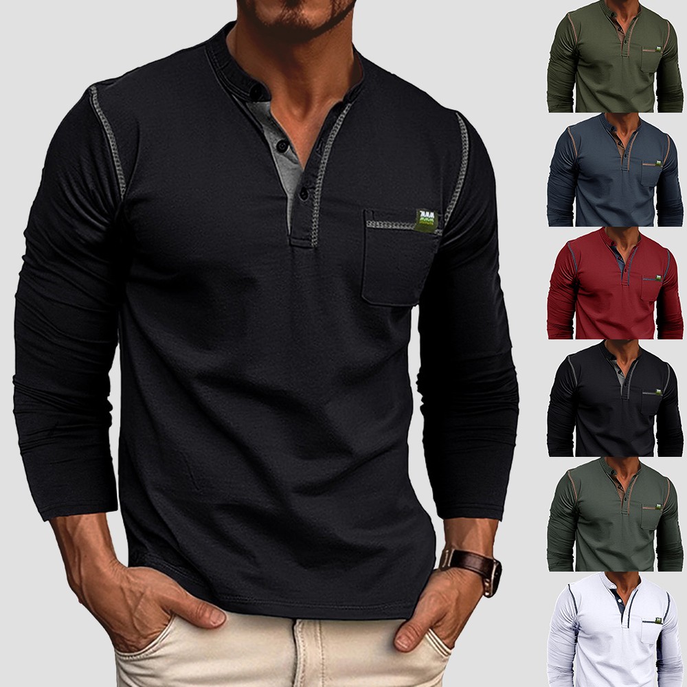 Herren Henley Langarmshirt Freizeithemd Knopf T-Shirt Business Oberteile Hemden