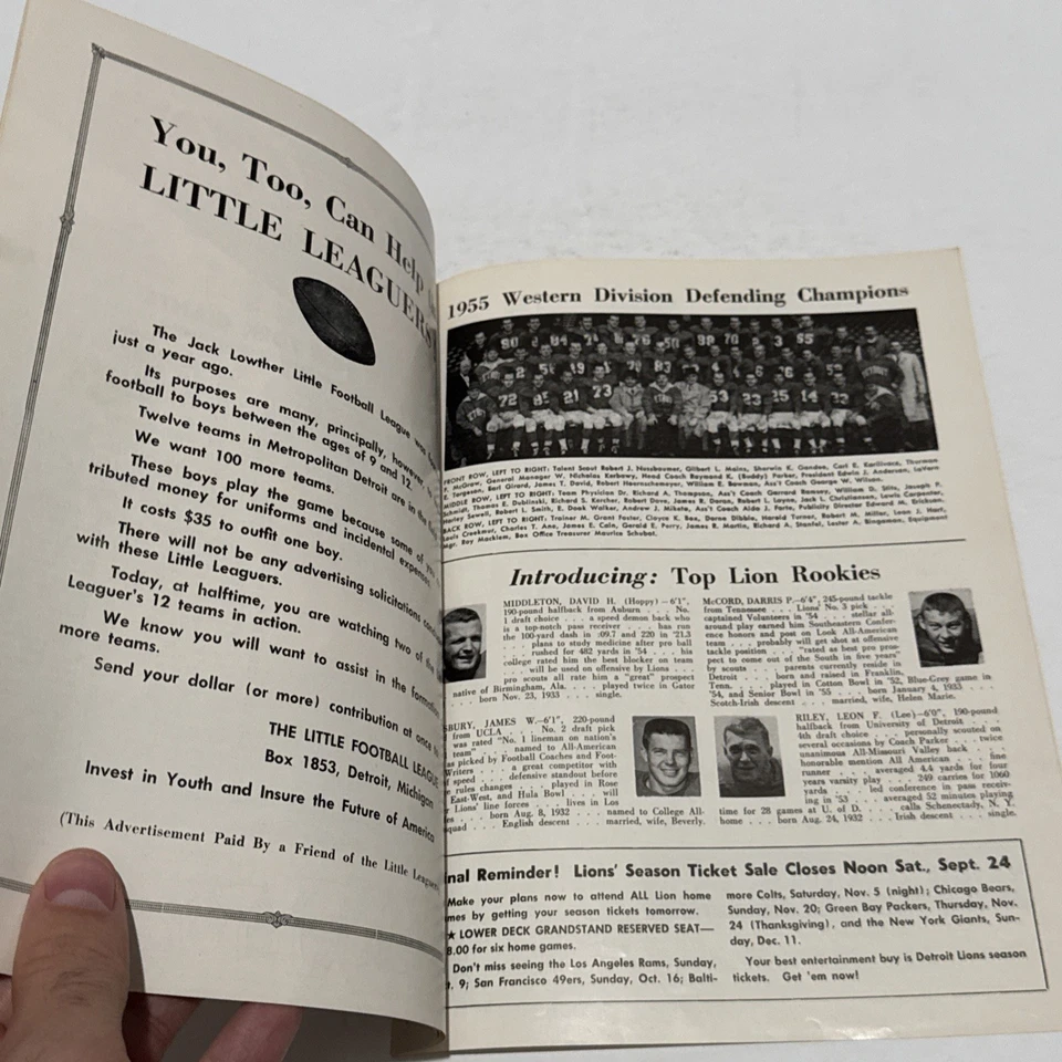 1955 Detroit Lions Vs New York Giants Program Briggs Stadium Football Sept 18th - Image 4 of 4