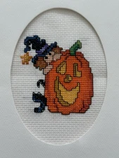 COMPLETED FINISHED CROSS STITCH CARD "HALLOWEEN PUMPKIN & WITCH”