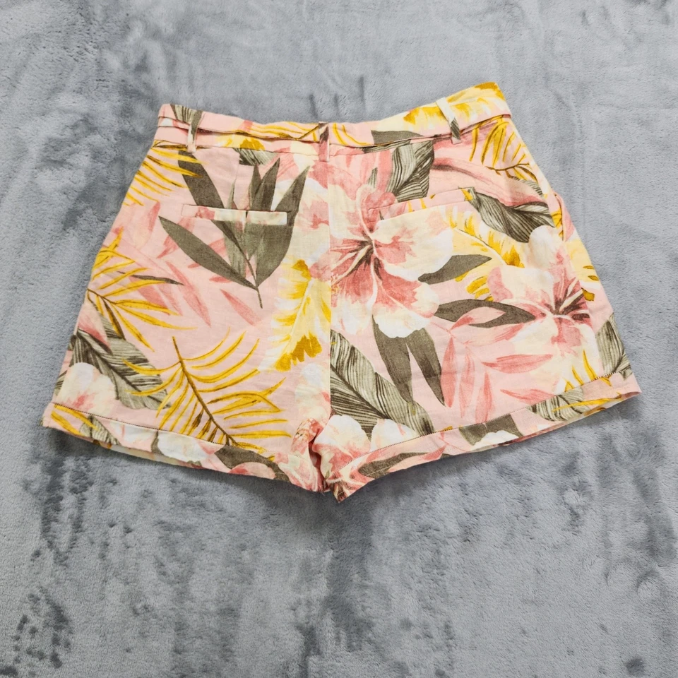 Pantalones Cortos Joie Para Mujer 4 Rosa Floral Lino Jaklynn Corbata Cinturón Alto Plisado Forrado Foto 2 de 4