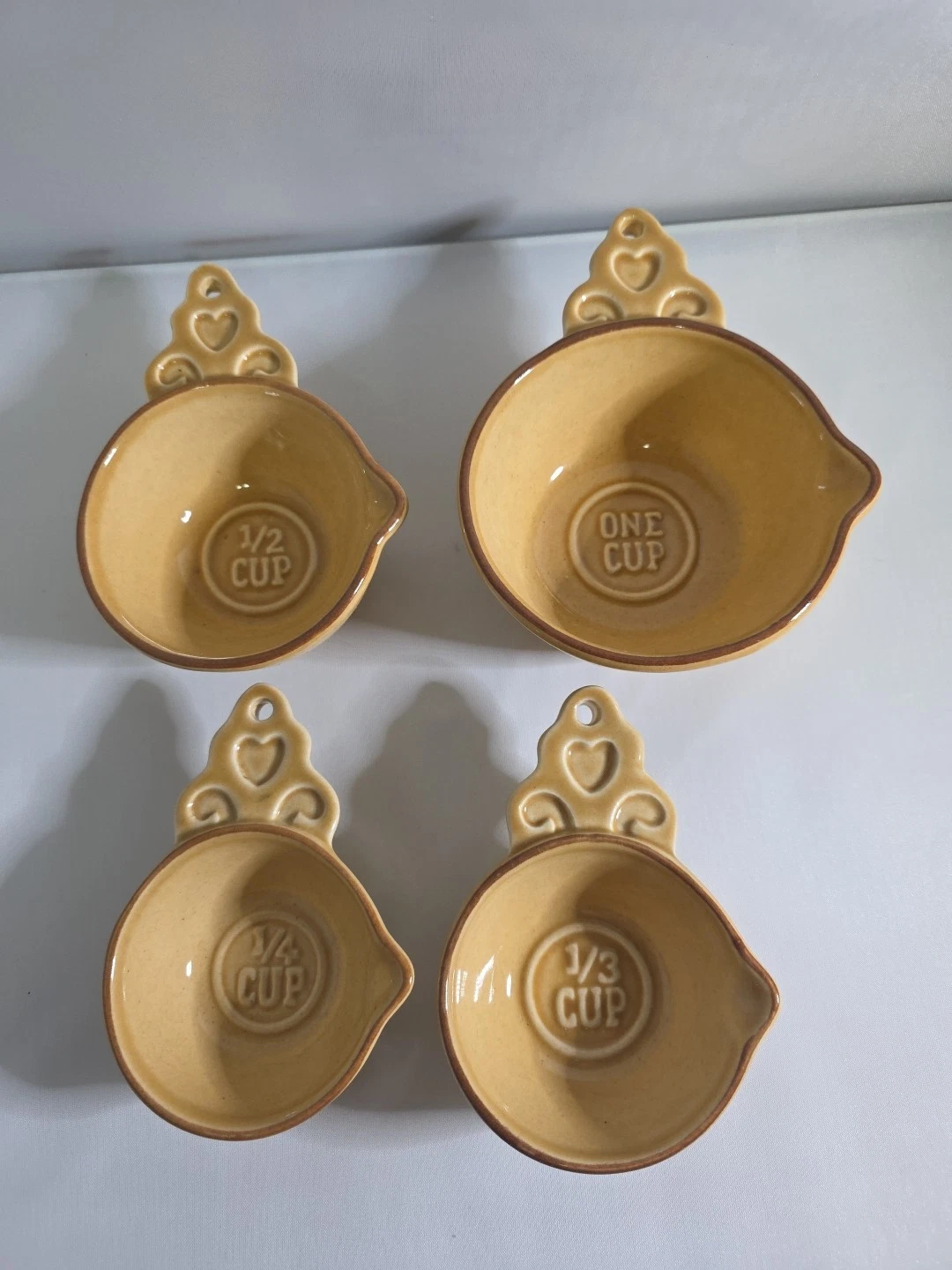 Pfaltzgraff Village Nesting Measuring Cups Stoneware Beige Brown Hearts Vtg USA