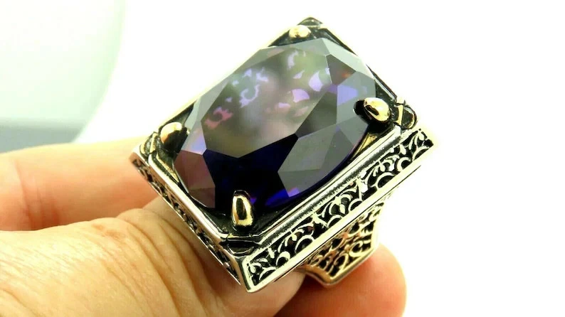 土耳其手工珠宝 925 纯银紫水晶石男士戒指 — 第 4/4 张图片