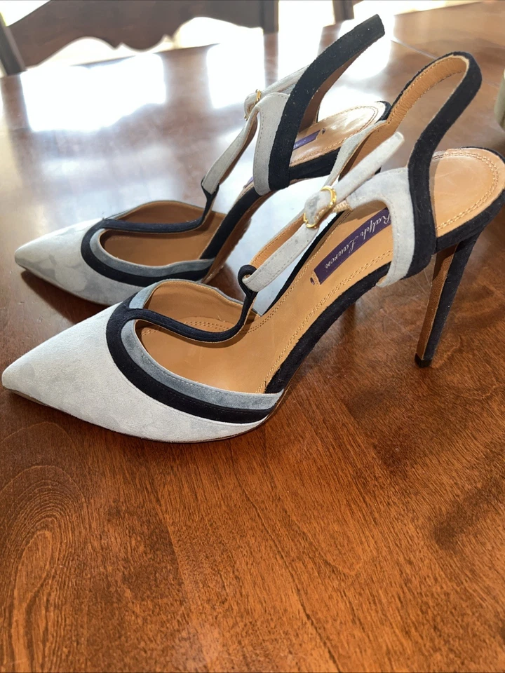 Ralph Lauren 40B T-Strap Gamuza Stiletto Azul Punta Alta Tacones Italia 9-9.5 Foto 2 de 4