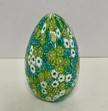 VTG Murano Millefiori Egg Blown Art Glass Paperweight 4" Blue Green White Floral