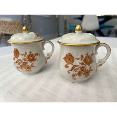 Vintage Limoges France Gold Floral Porcelain Pots de Creme Lidded Cups Pair