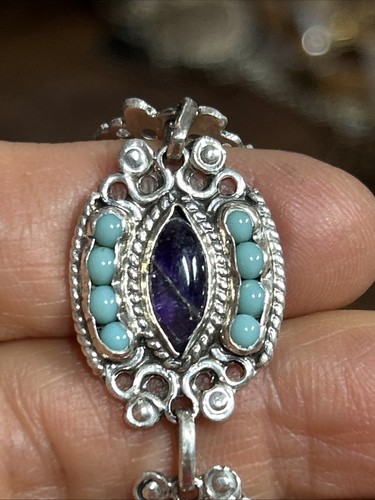 32. ESCORCIA 950 Sterling Amethyst Turquoise Coral Linked Bracelet 7 1/2" Mexico - 第 7/16 張圖片