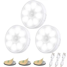 Upgraded Motion Sensor Lights, 8-LED, 3-Pack, Rechargeable, 3 Modes, 6000K Cool