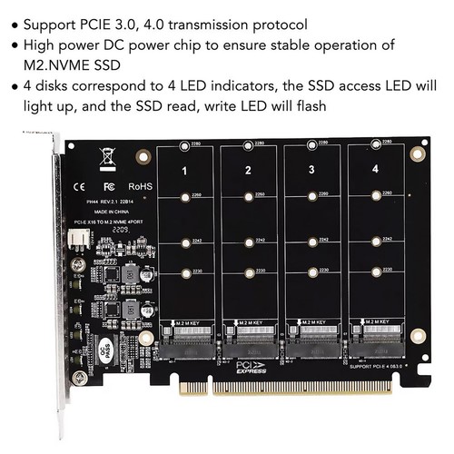 4-Port M.2 NVME SSD to PCIe 3.0 4.0 X16 Adapter 4 Disk Expansion Card 4 x 32Gbps - Afbeelding 4 van 10