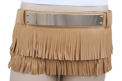 Mujer Beige Marrón Color Negro Piel Sintética Falda Corbata Flecos Cinturón Oro - Imagen 25 de 37