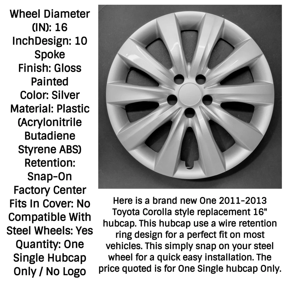 One Wheel Cover Hubcap Fits 2011-2013 Toyota Corolla 16" Silver Snap-On 508-16S - Imagem 4 de 4