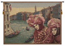 Arazzo jacquard italiano vista con maschere carnevale veneziano da appendere a parete
