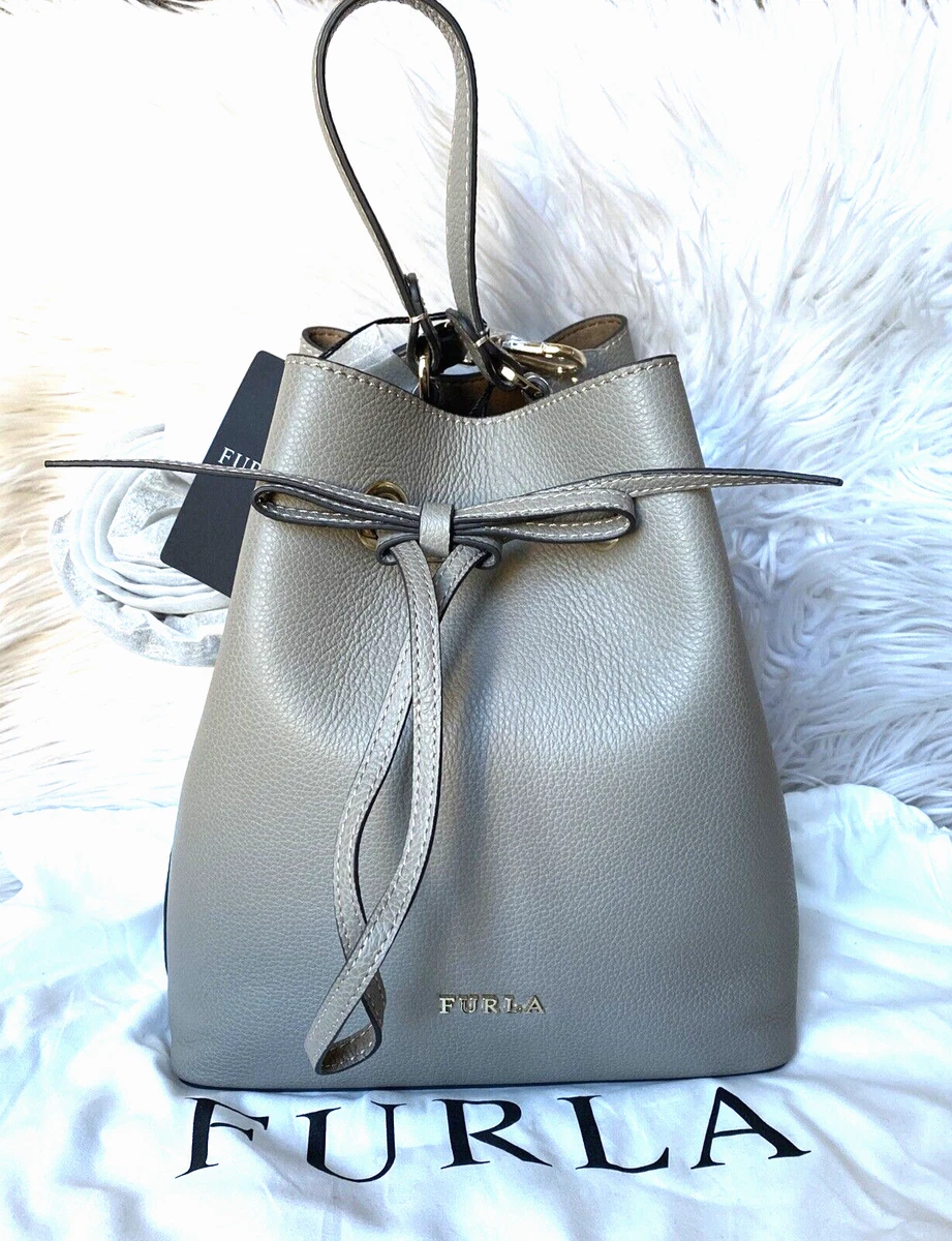 FURLA Costanza Gray Leather Drawstring Top Handle Bucket Shoulder